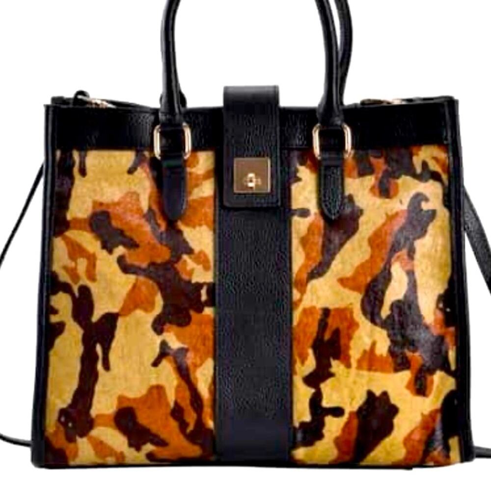 LA Marey Black & Brown Camo Print Cow Hair Genuine Leather Shoulder Bag